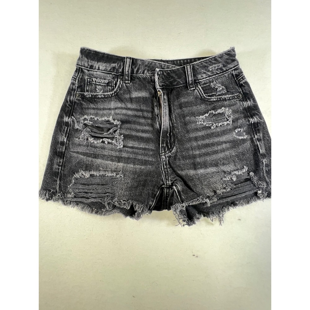 American Eagle High Waisted Distressed Black Denim Shorts Crossover Size 000